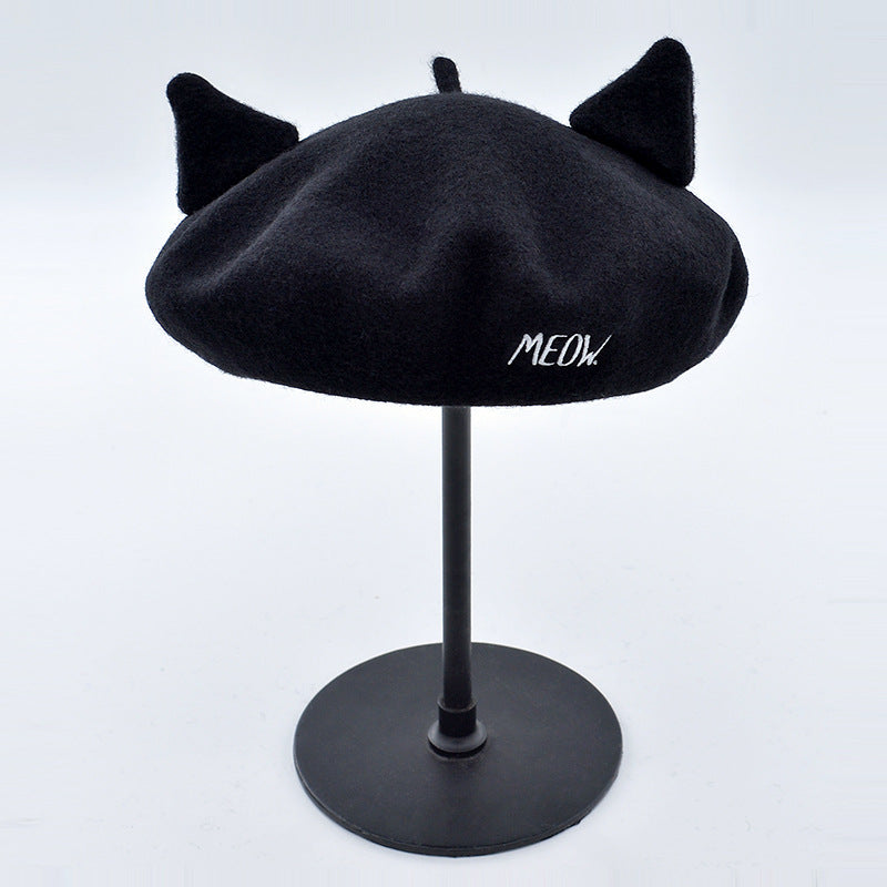 Letter Embroidery Cat Ears Wool Tweed Beret