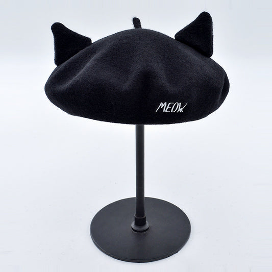Letter Embroidery Cat Ears Wool Tweed Beret
