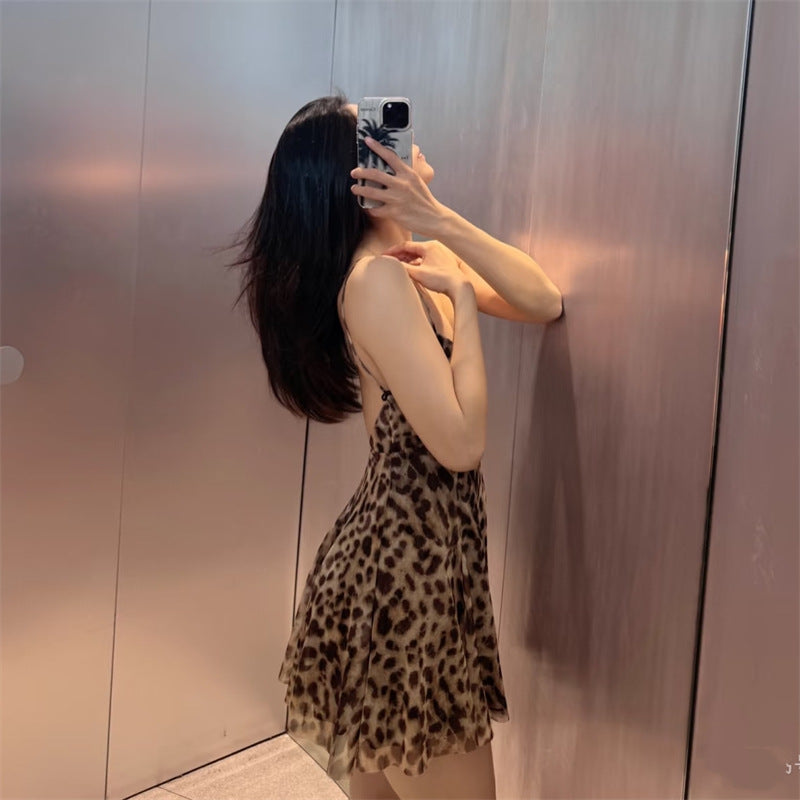 Printed V-Neck Leopard-Print Strap Short Dress For Women