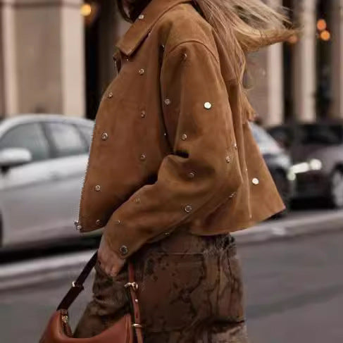 Vintage Brown Lapel Studded Suede Jacket Coat