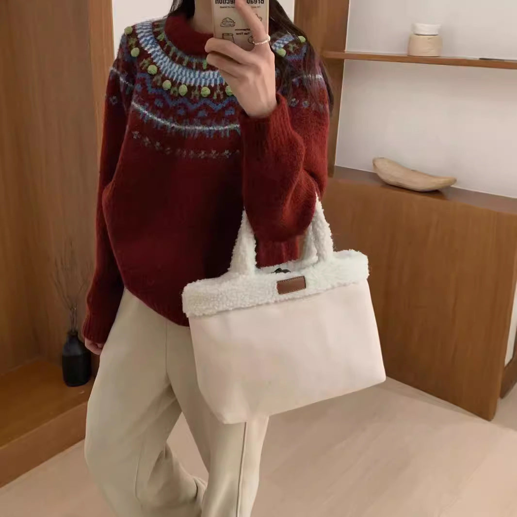 Red Christmas Style Sweater Women's Retro Contrast Color Round Neck Loose