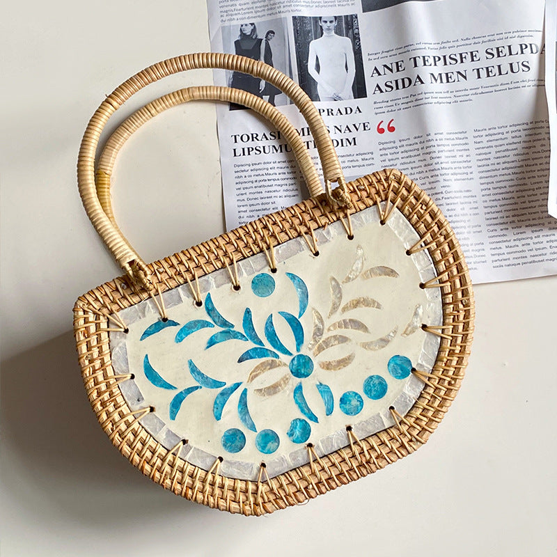 Women's Fashion Handmade Cabas Shell Rattan Storage Picnic Bag