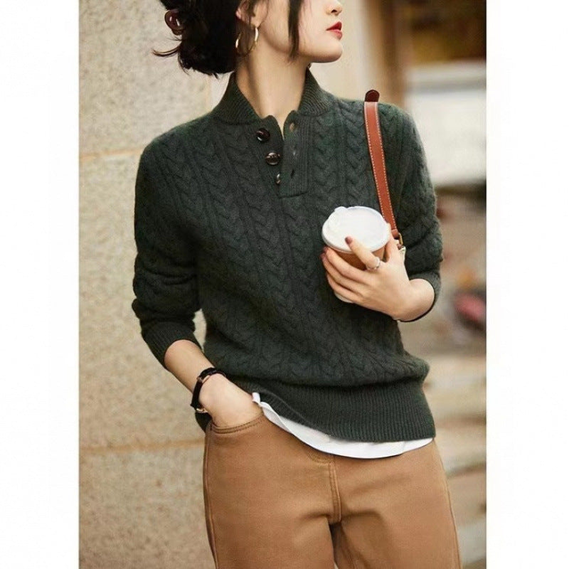 Baseball Collar Twisted String Textured Knitted Sweater For Women