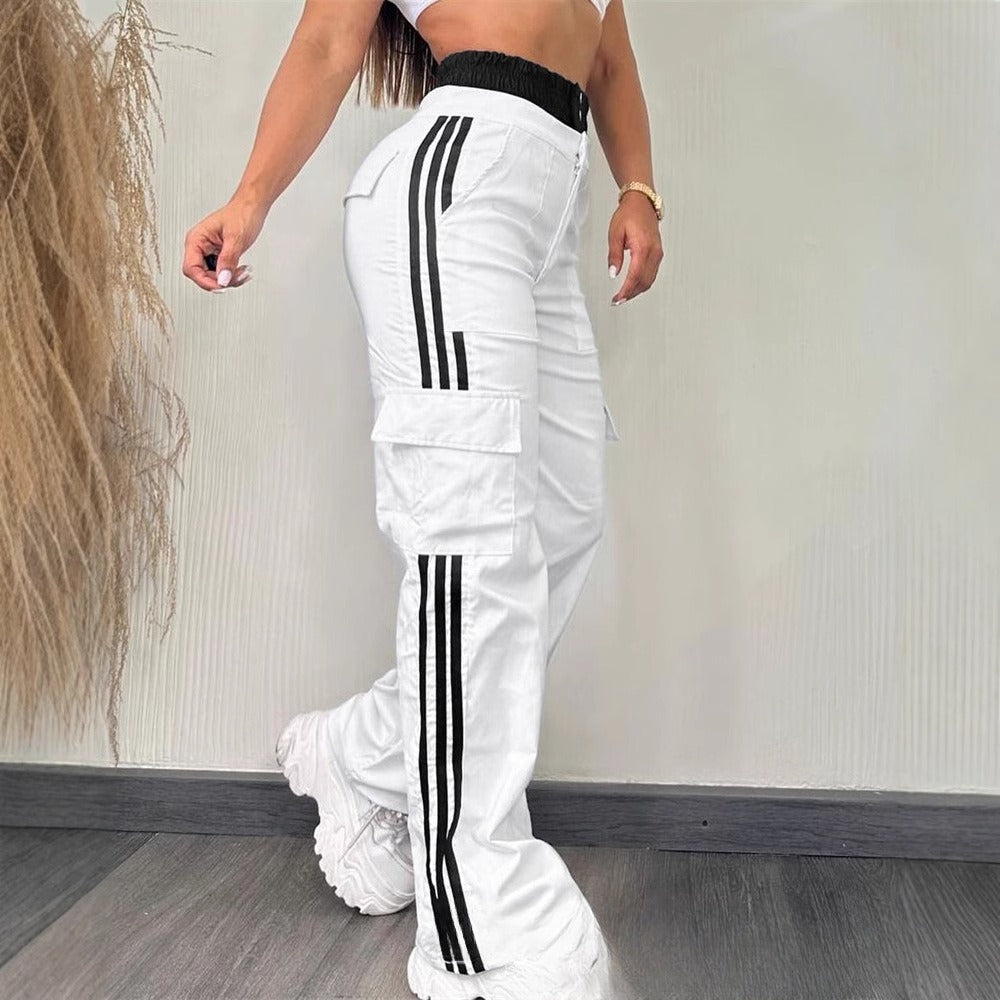 Partial Contrast Color Double Waist Leisure Sports Ribbon Wide-leg Overalls
