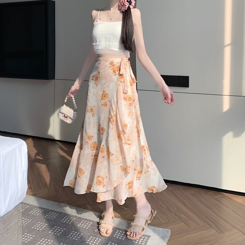 Summer Elegant Printed Chiffon Skirt One-Piece Lace-Up Apron