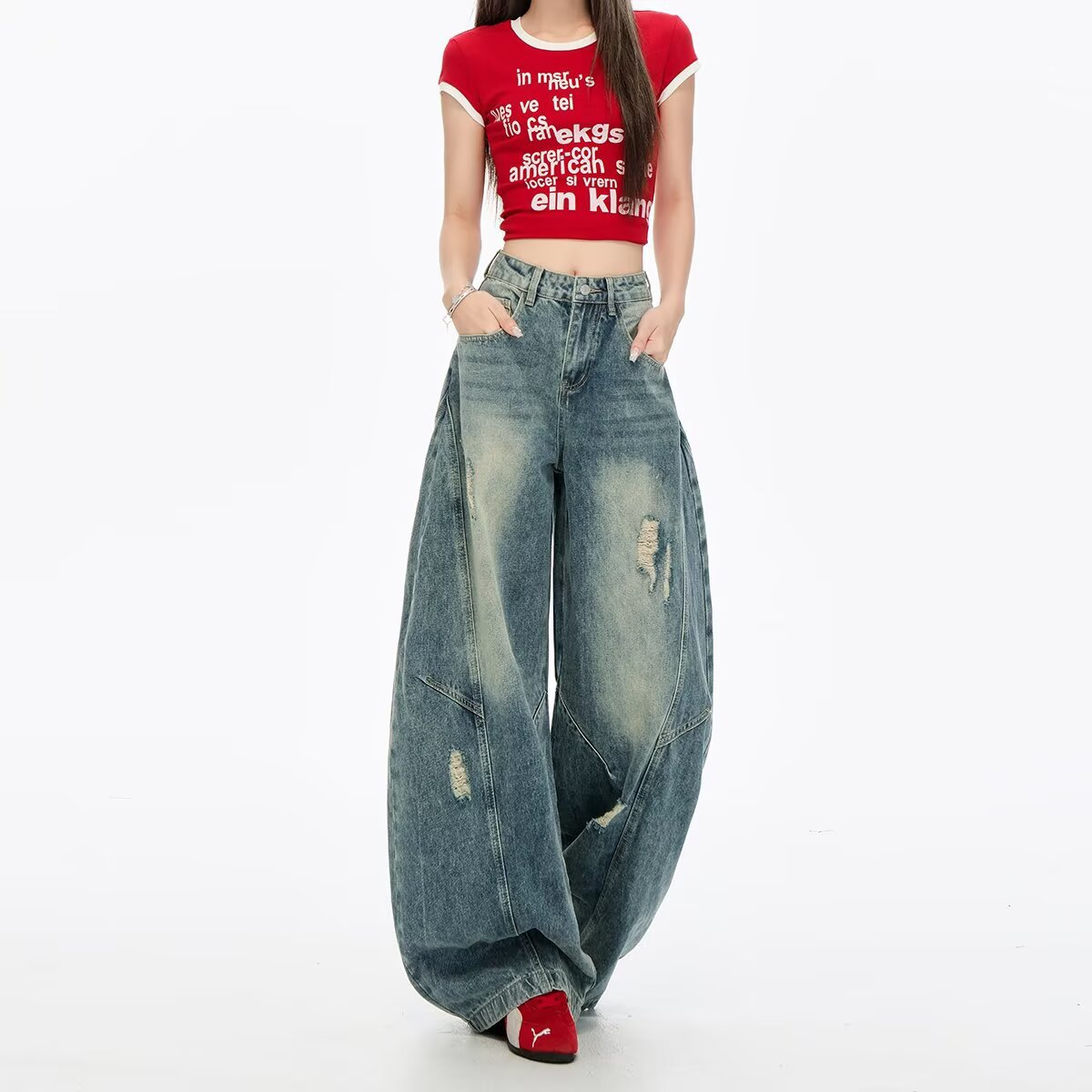 Retro Niche-design Distressed Copper High-rise Straight-leg Loose-fit Pants