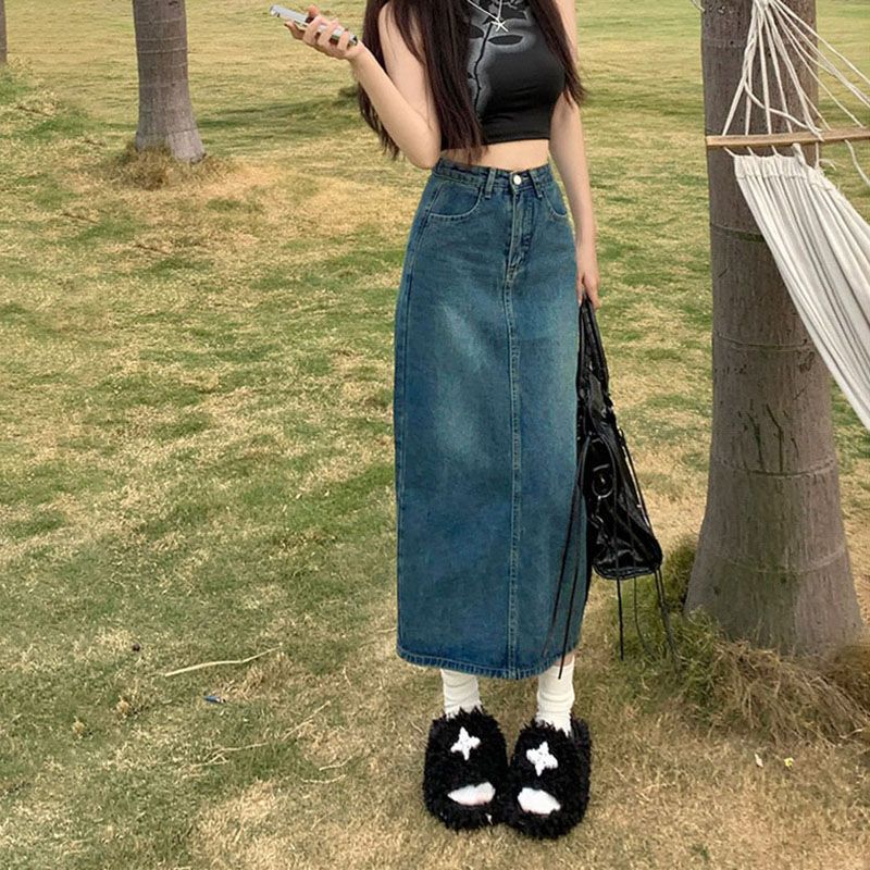 High-waisted Slit Denim Skirt A-line Midi Skirt