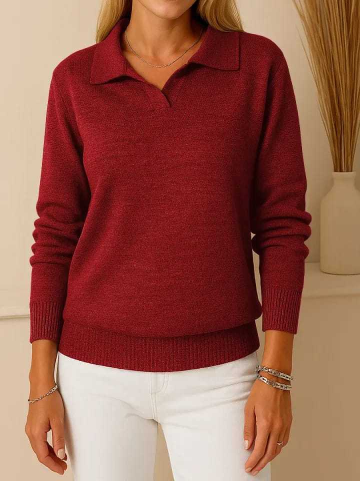 Solid-color Long-sleeve Casual Loose-fitting Polo-neck Knit Pullover