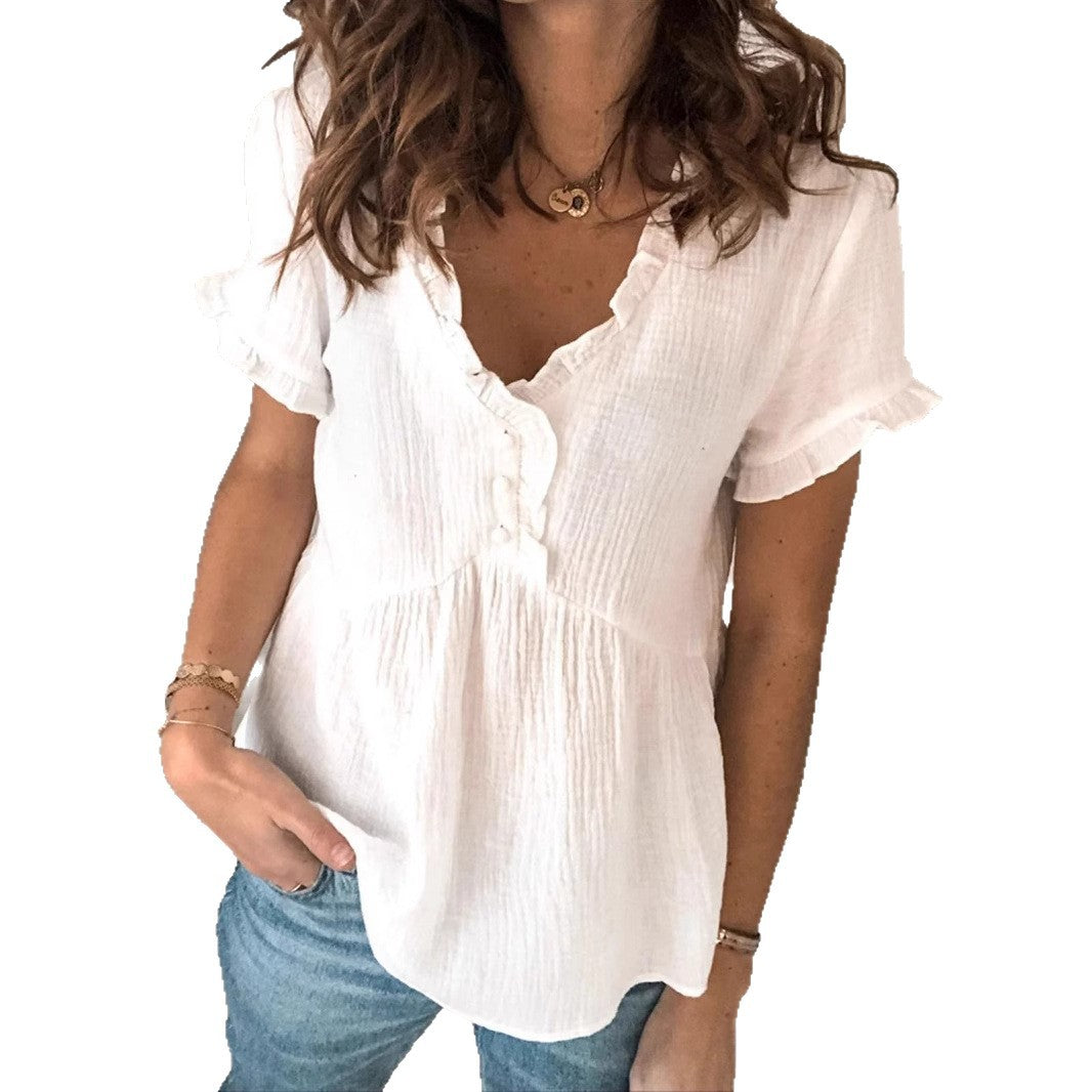 Women's Casual Loose Solid-color Patchwork Short-sleeve Shirt Top