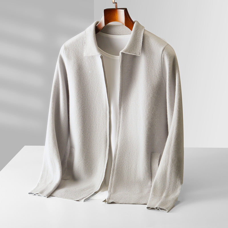 Pure Wool Cardigan Men's Knitted Turn-down Collar Coat