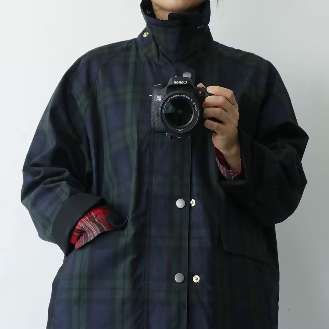 Japanese-style Retro Green Plaid Corduroy Turn-down Collar Coat