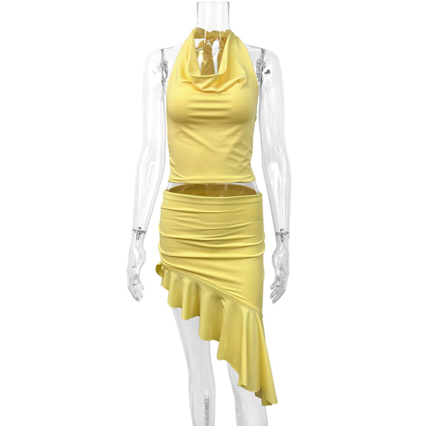 Sexy Halterneck Asymmetrical Bodycon Skirt Two-Piece Set