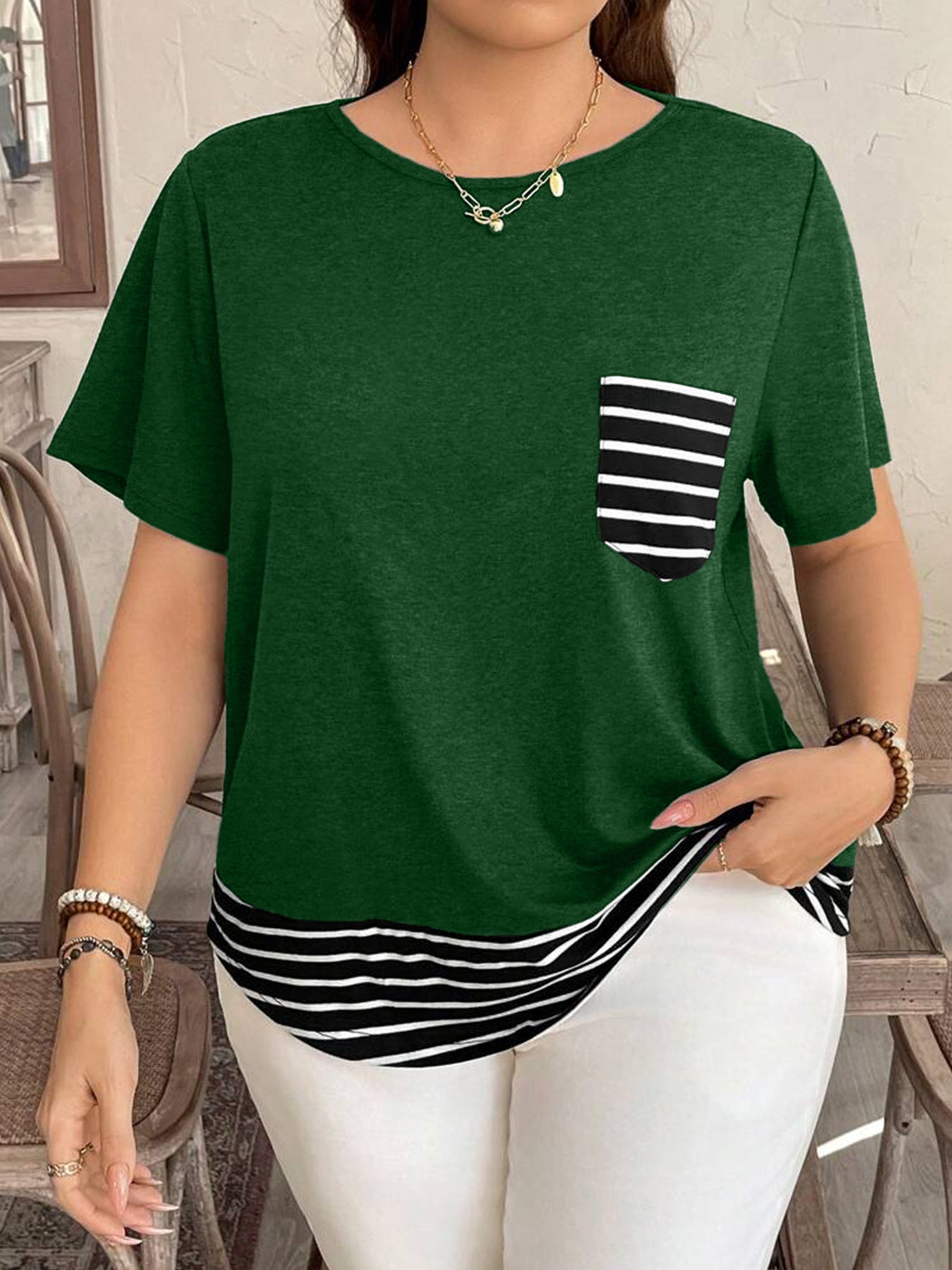 Patchwork Stripes Round Neck Loose Short Sleeves Fake Two-piece Top