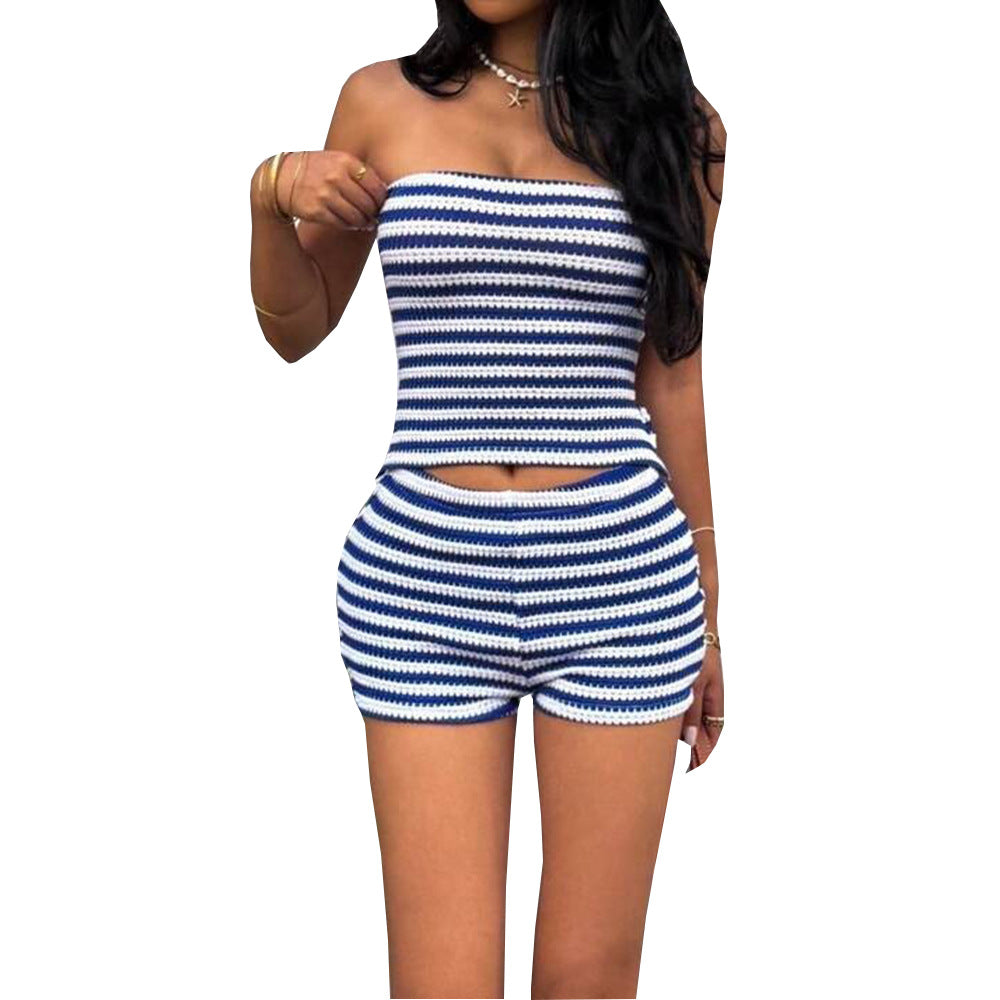 Bustier Sexy Midriff-baring Color-block Striped Shorts Set