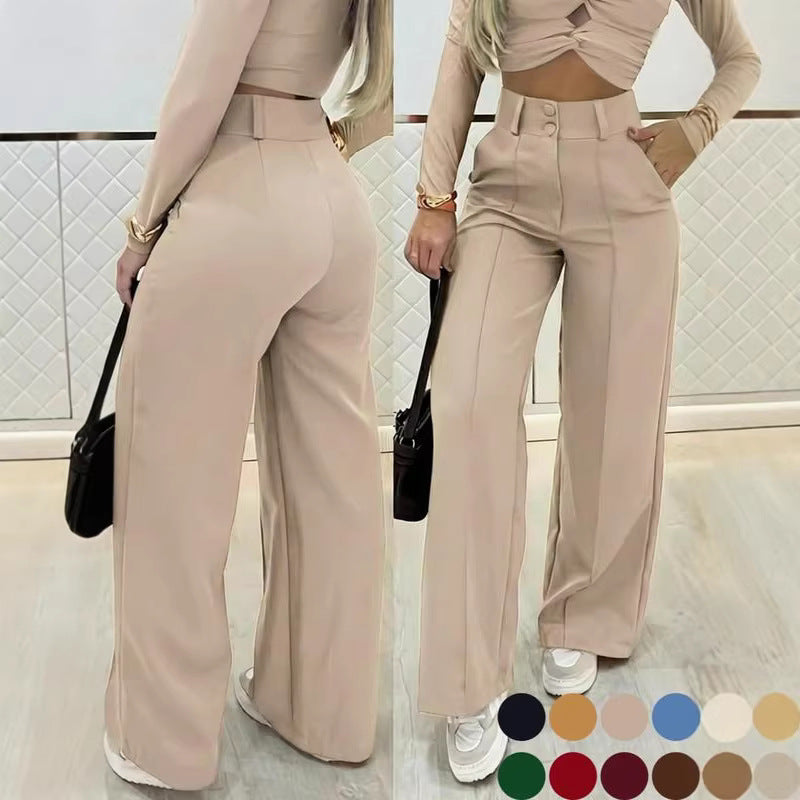 Essential Minimalist Wide-leg Pants With Double-breasted Buttons For The Office