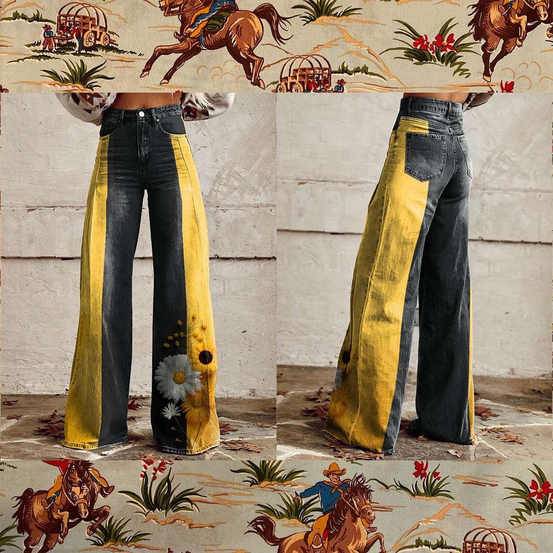 Lightweight Faux Denim Pants With Wide Legs And 3D Print