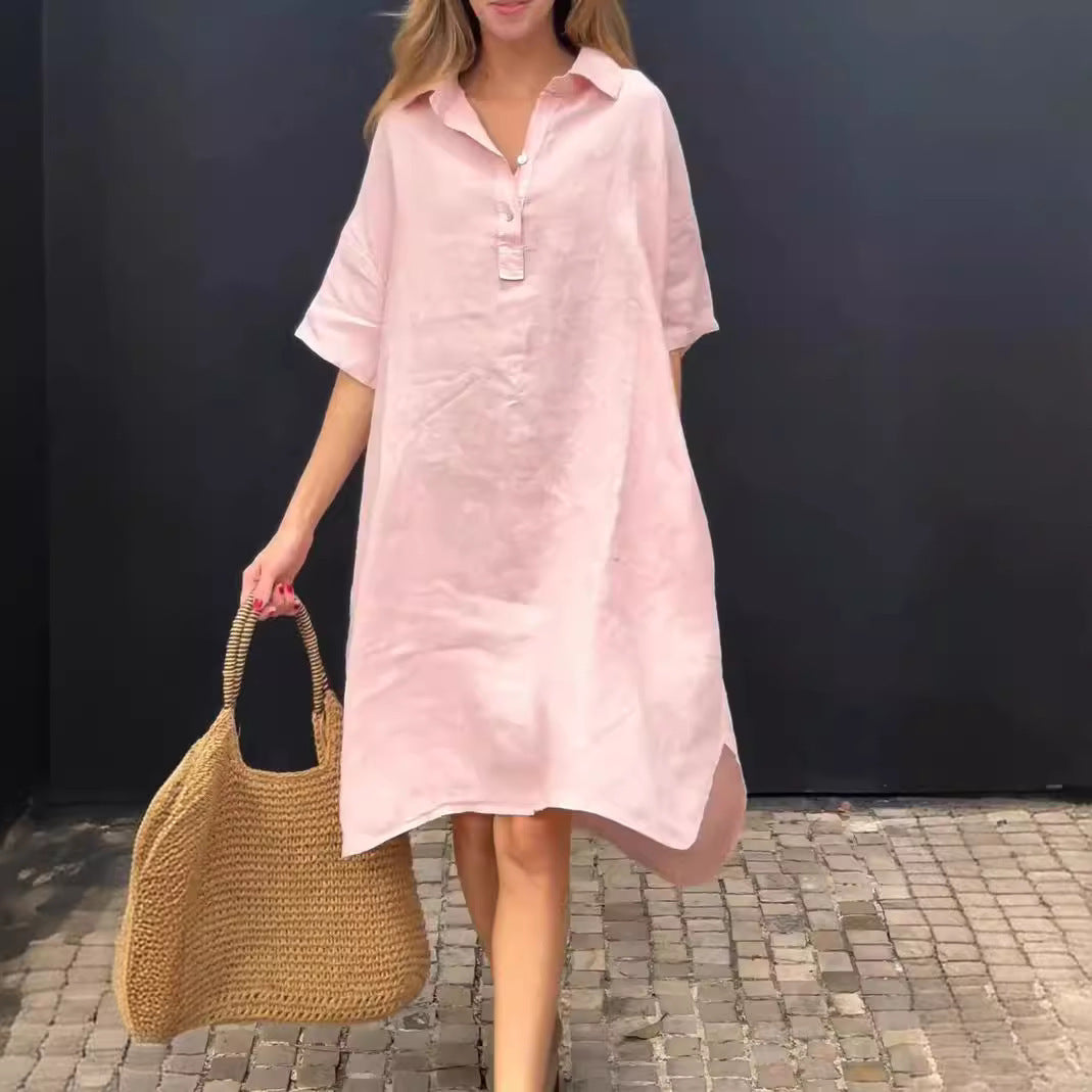 New Solid-color Casual Cotton-linen Long Dress With A Turn-down Collar And Buttons