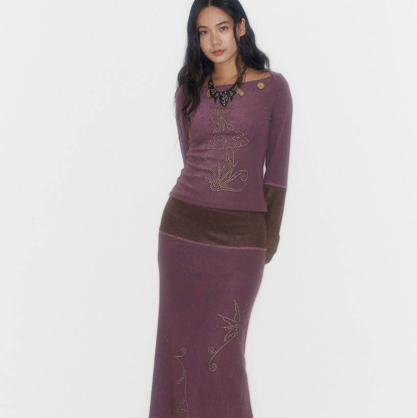 Purple And Coffee-Colored Soft Cozy Towel-Weave Base-Layer Set Dress In A Botanical Style For FallWinter