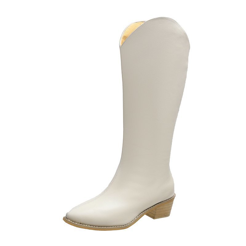 Women's Thick-heeled Boots With White Retro High-heeled Pointed High Tube