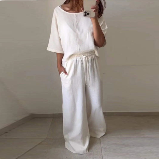 Casual Women's Round Neck Shirt With Half Sleeve Top Wide Leg Pants Suit