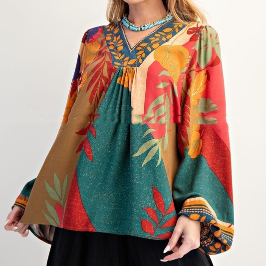 V-neck Long Sleeve Shirt Loose Pullover Top