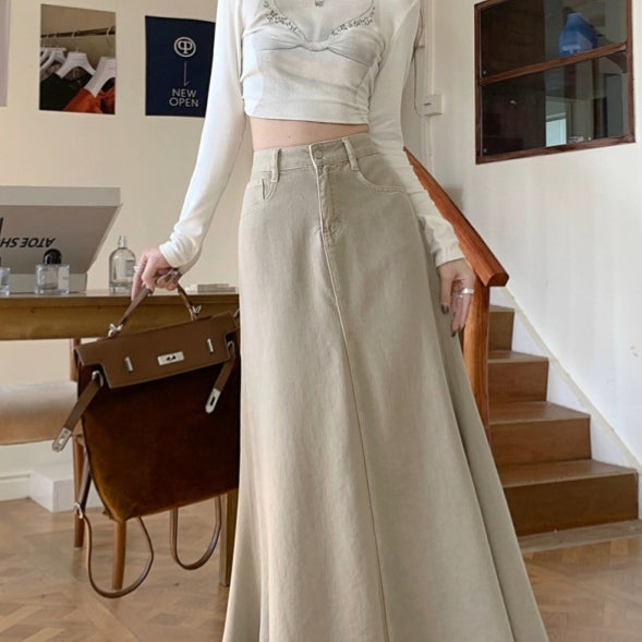 Autumn High Waist Retro Denim A- Line Overall Dress