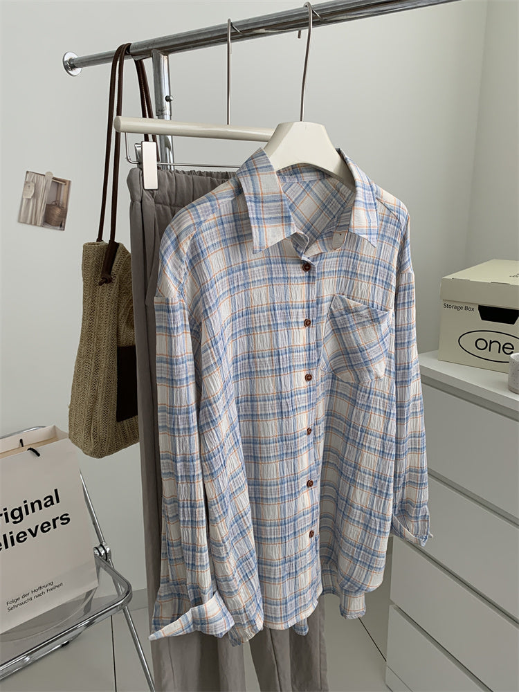 Women's Art Retro Washed Cotton Yarn Checkered Shirt