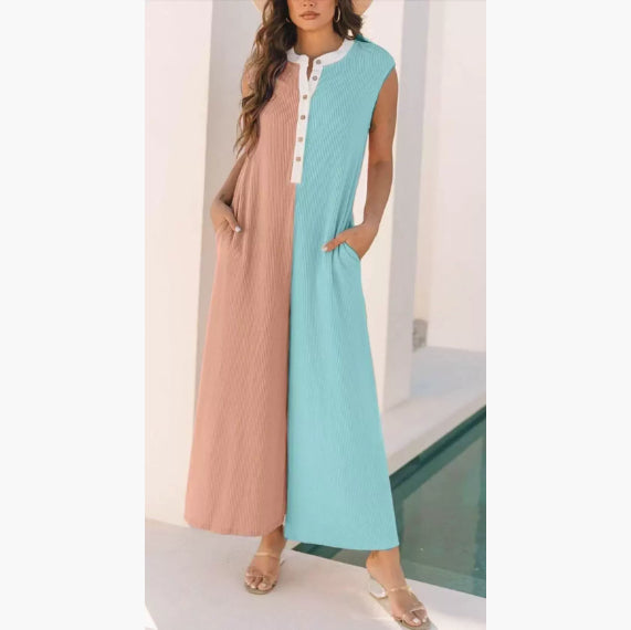 European And American Leisure Loose Color Matching Sleeveless Jumpsuit