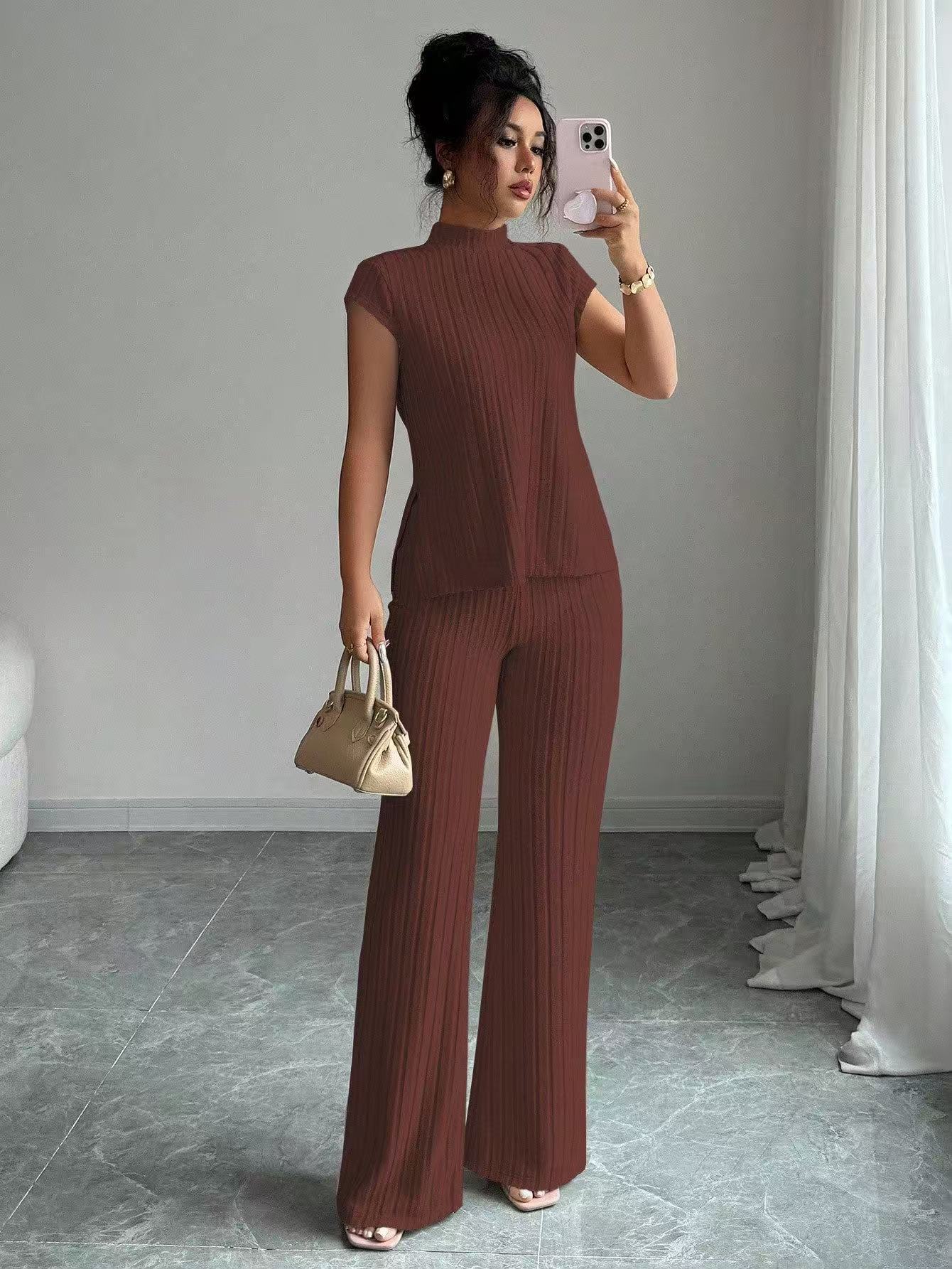 Solid-color Short-sleeve Top And Ribbed Casual Pants Set