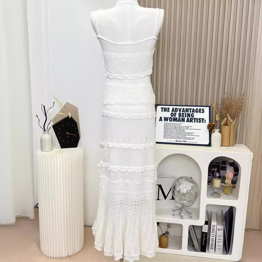 Nanfa Manor Holiday French Style Round Hollow Sling Crocheted Vintage Mid-length Dress Set