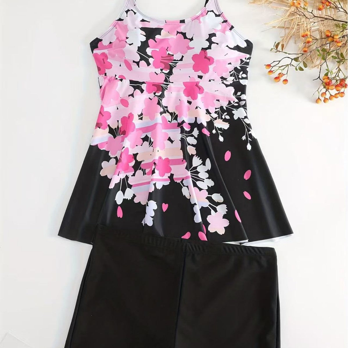 Womens Plus-Size Swimsuit With Printed Straps And Boxer Briefs