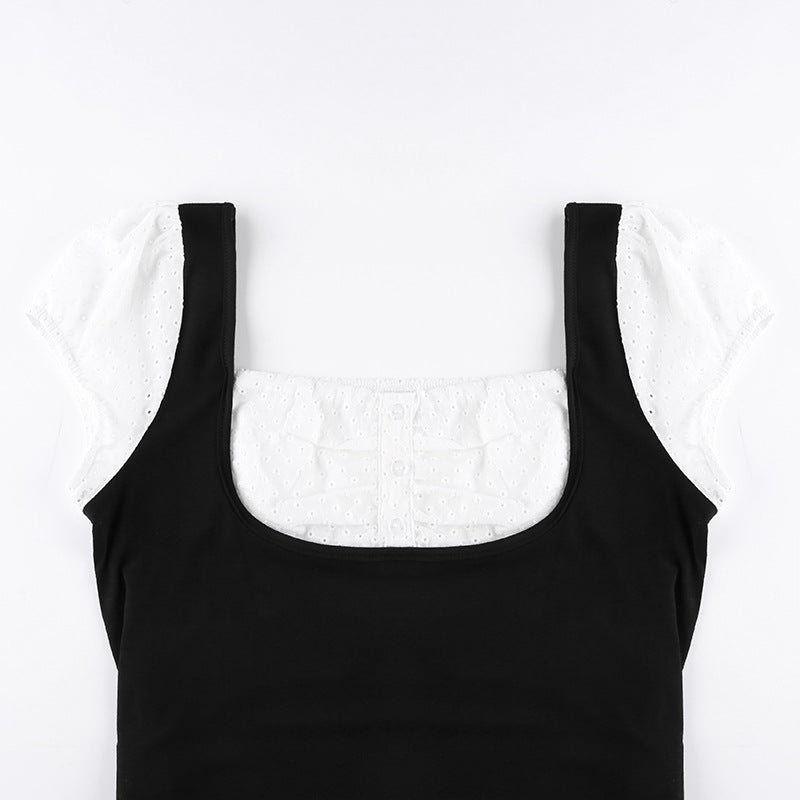 Fake Two Black And White Contrasting Temperament Square Neck Short Sleeves