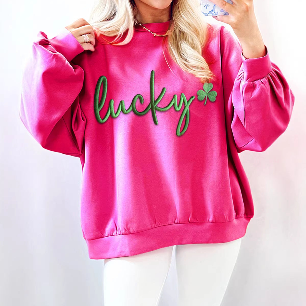 Womens Color-Block Letter Embroidery Crewneck Sweatshirt