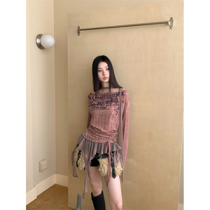 Patchwork Ruffled English Graffiti Swing Collar Hollow Print Knitted Shirt Top For Women