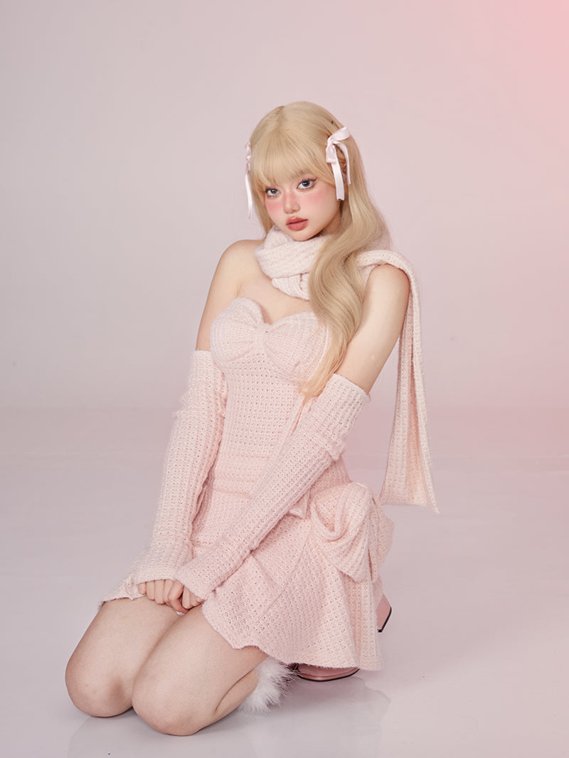 Corn Knit Strapless Dress With Breast Pad