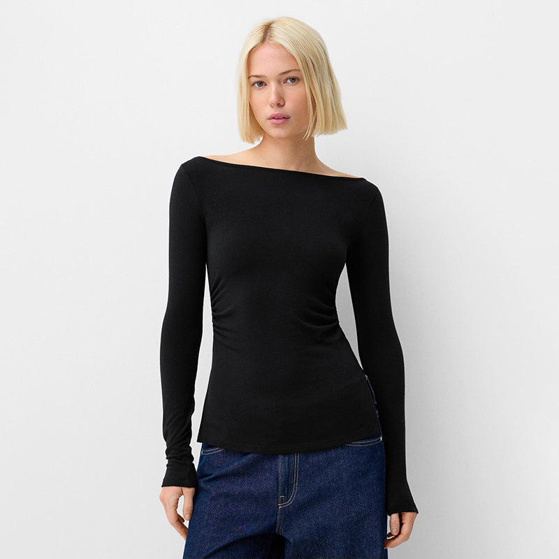Dame pullover med åben hals, plisseret talje og slids