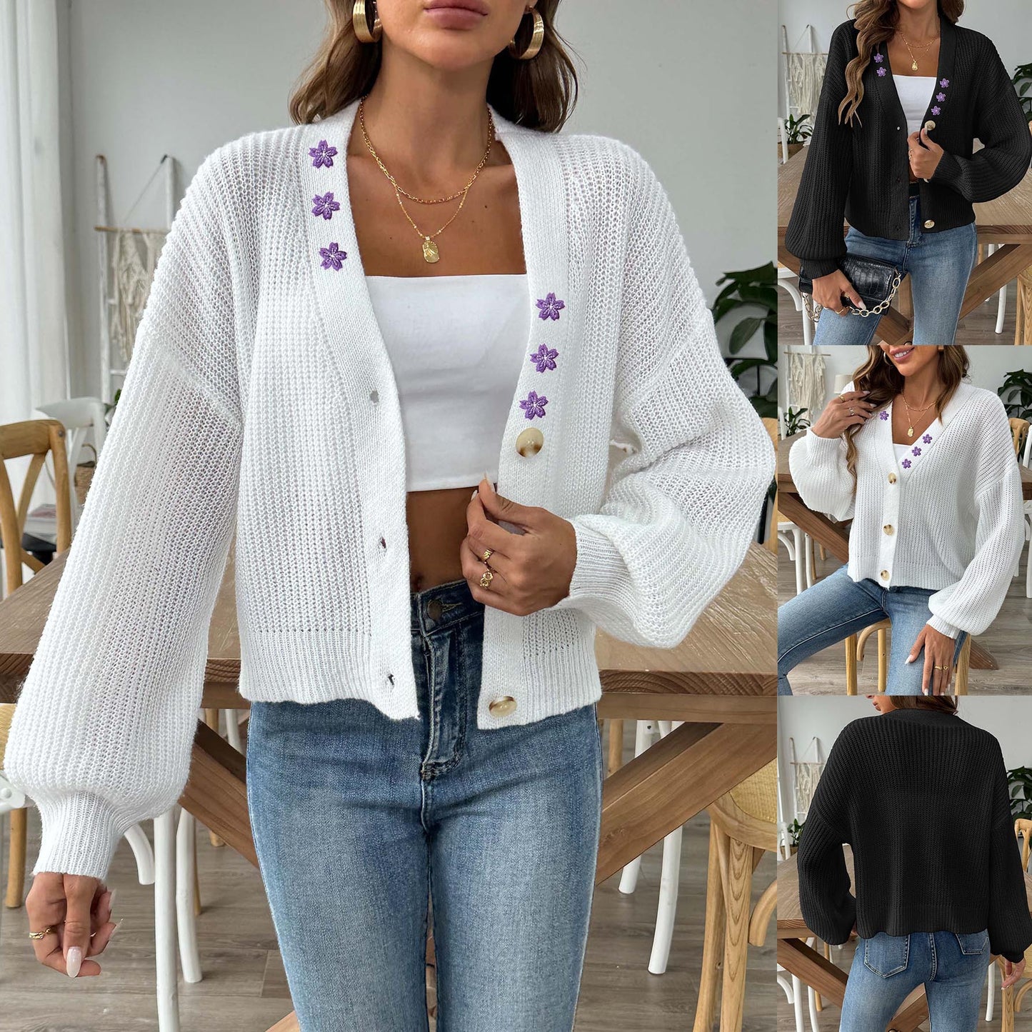Embroidered Stickers Short Button Coat Sweater Cardigan
