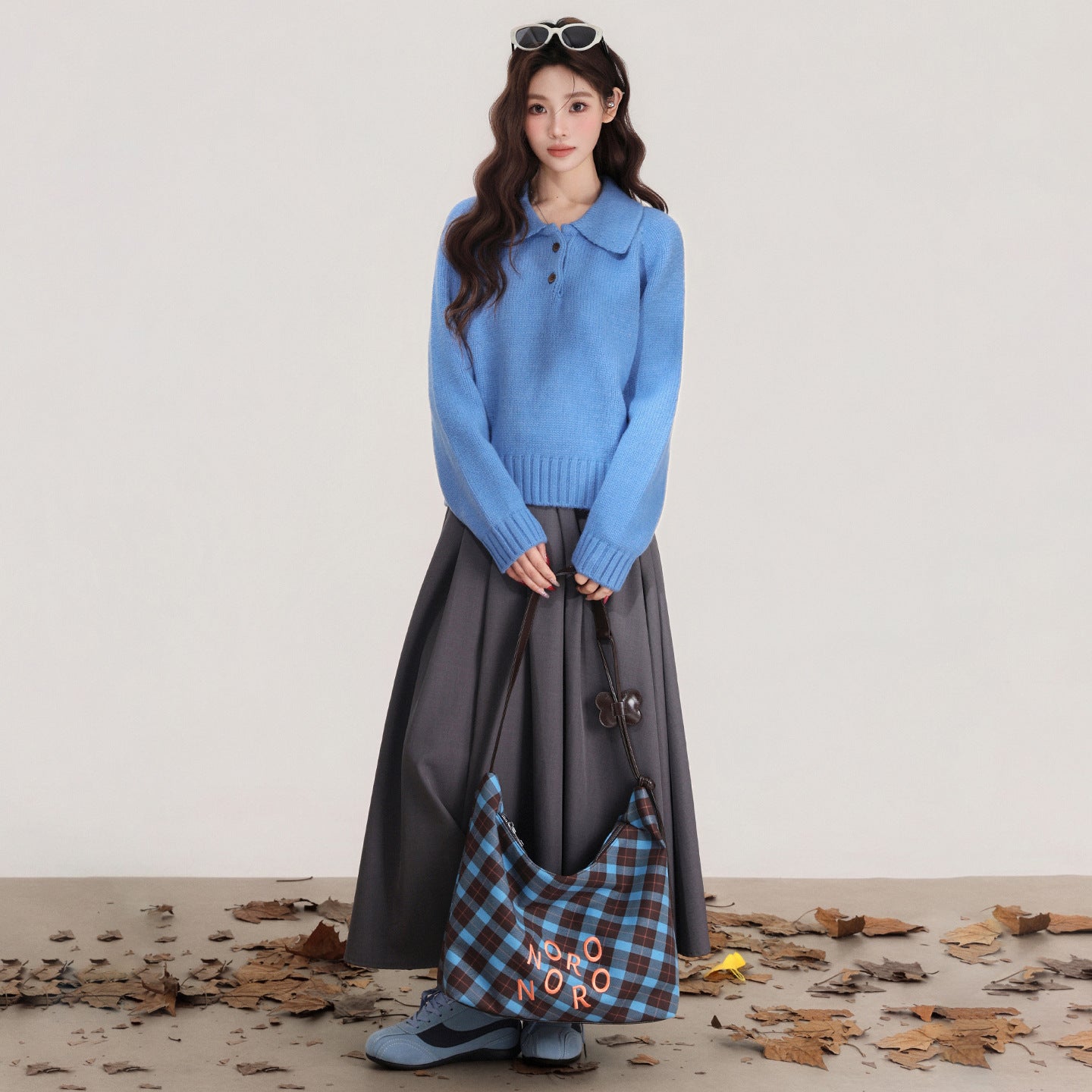 Blue Lapel Knitted Sweater Women's Top