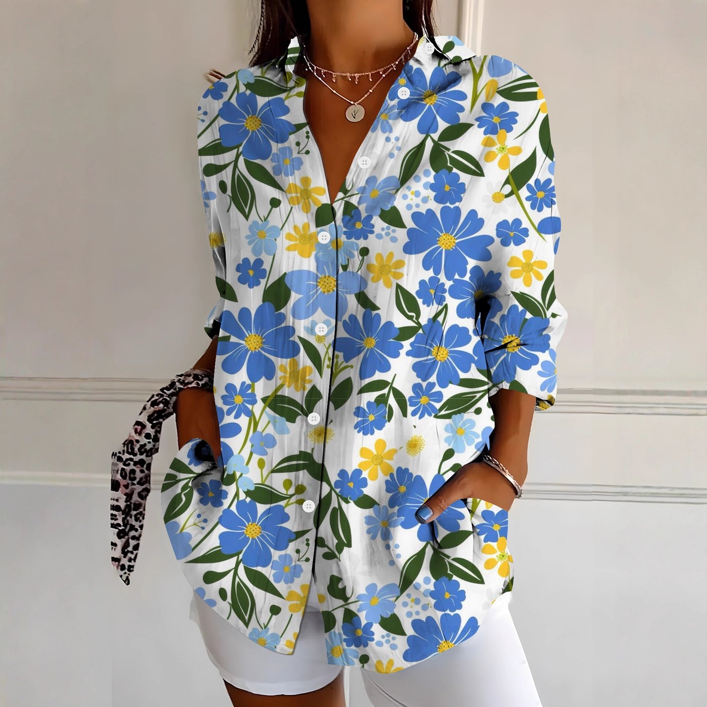Womens Vibrant Colorful Floral-patterned Long-sleeve Shirt