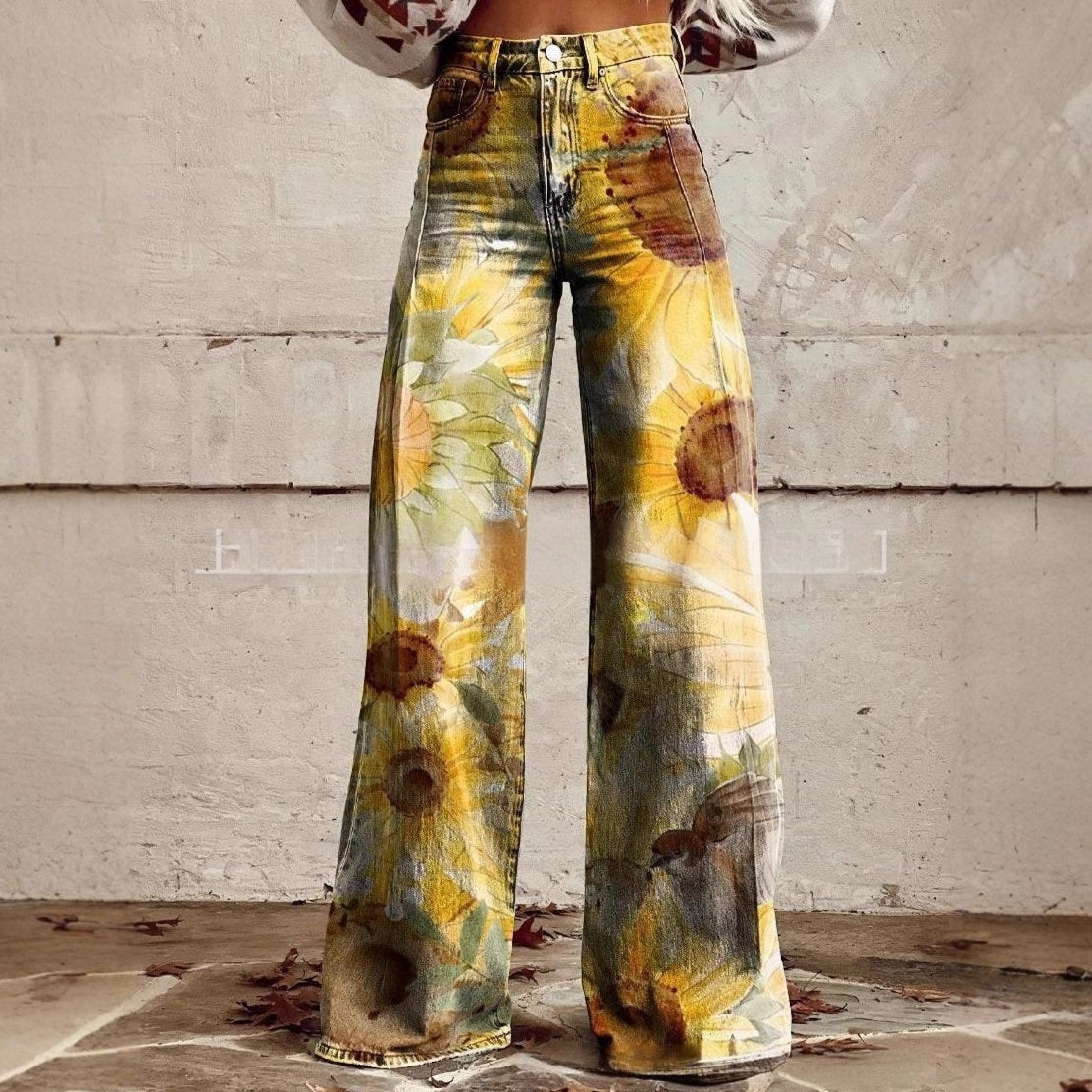 printed Retro Sunflower Guitar Art-style Womens Wide-leg Flared Denim Jeans 3D