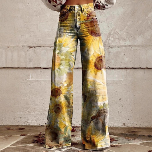 printed Retro Sunflower Guitar Art-style Womens Wide-leg Flared Denim Jeans 3D