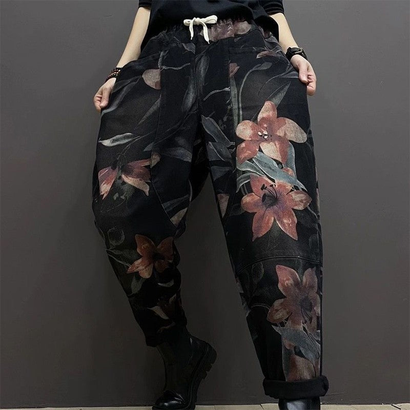 Spring New Literary Large Size Printed Denim Old Dad Pants