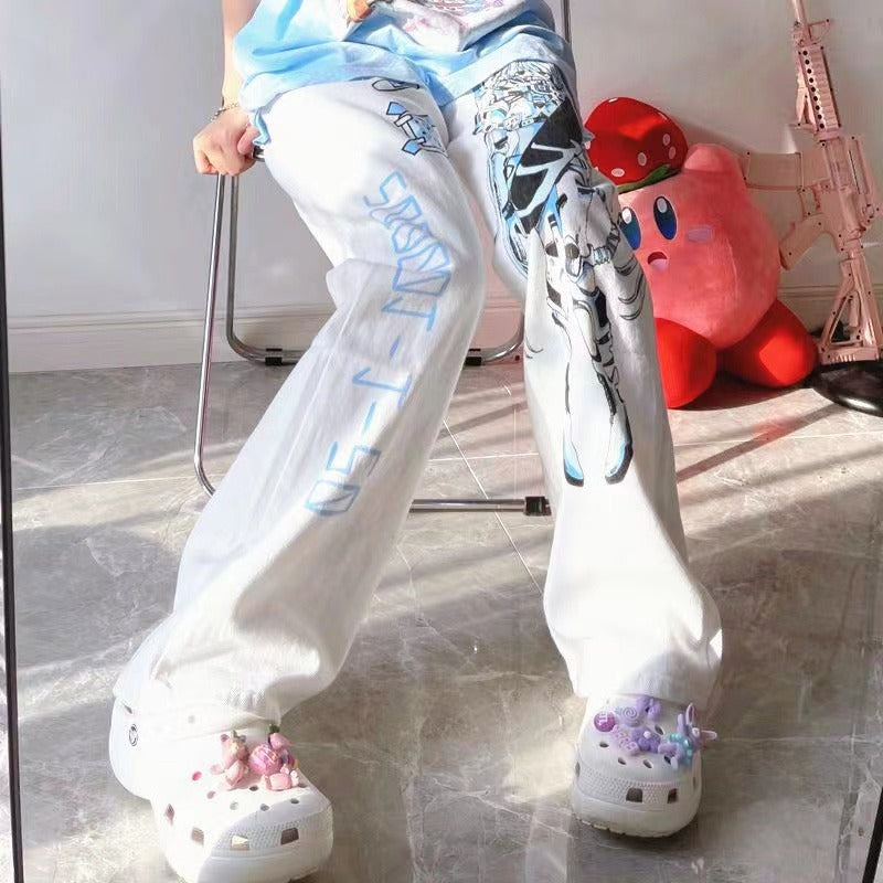 Women's Fashion Simple Cartoon Print Straight Casual Trousers