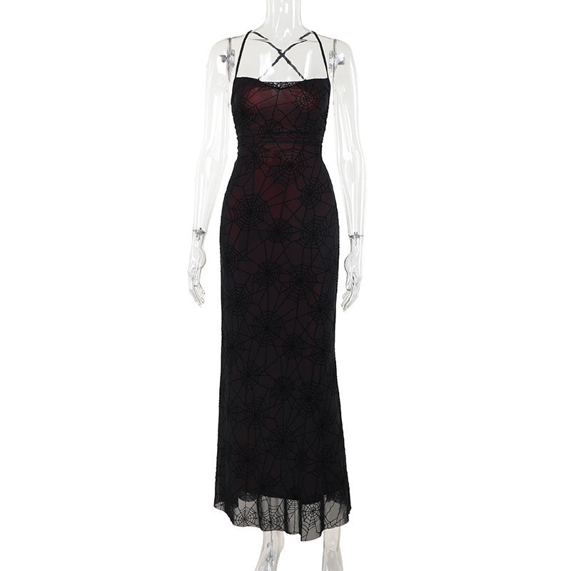 Dark Sensual Spiderweb Backless Dress With A Halter Neckline