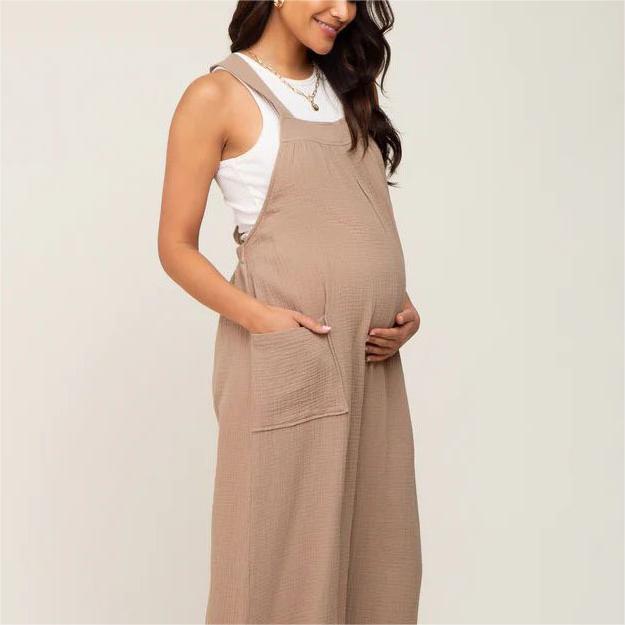 New Beige Wide Leg Lace-up Maternity Overalls