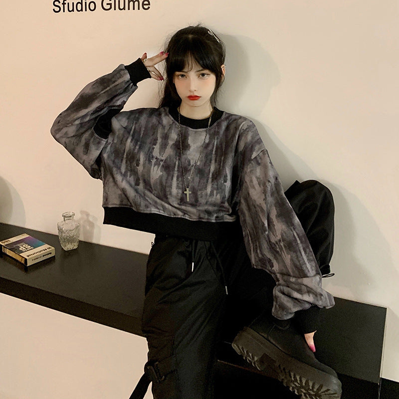 Women's Autumn Short Sweater Harajuku Style Tie Dye Long Sleeve Loose