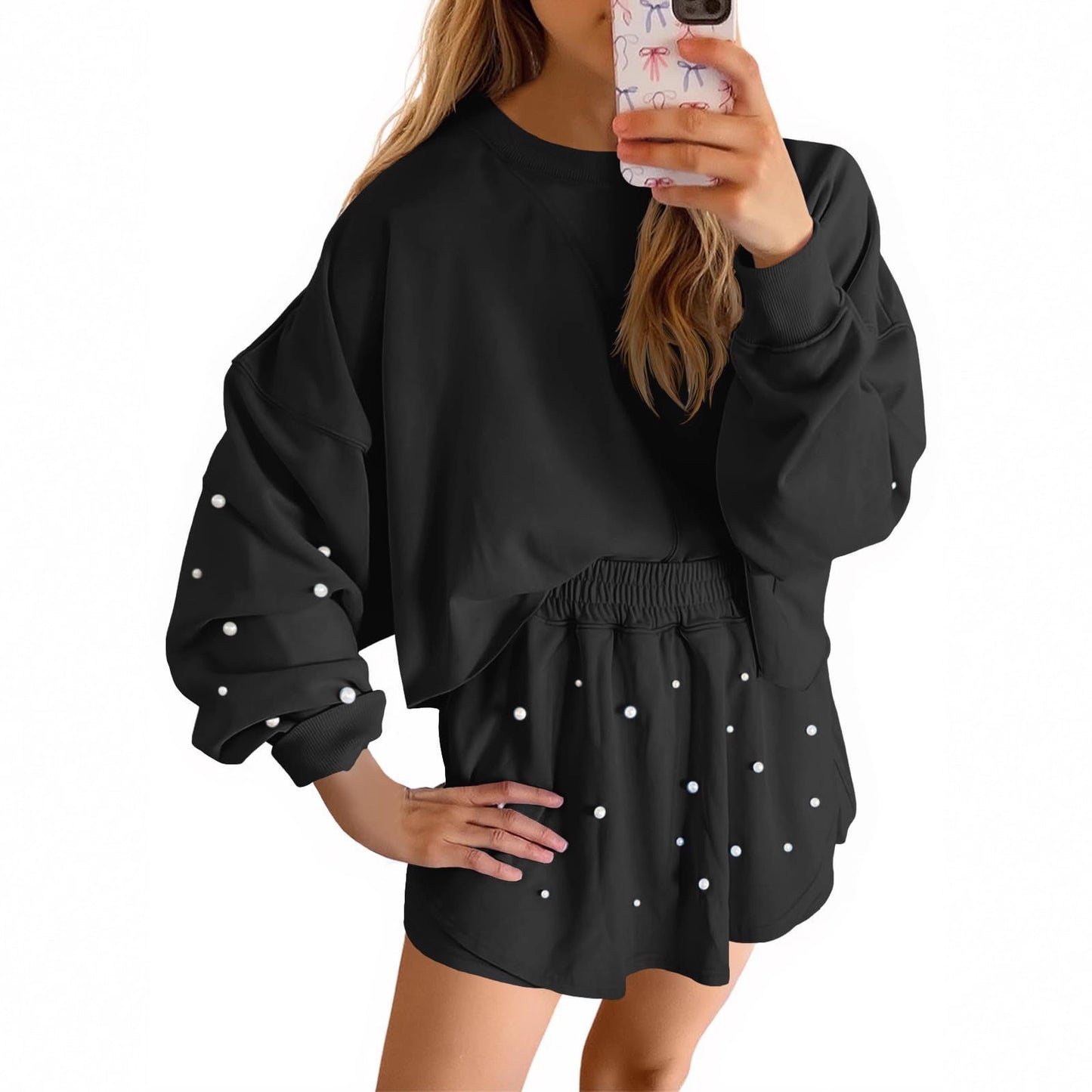 Womens Casual Long-sleeve Top And Shorts Set