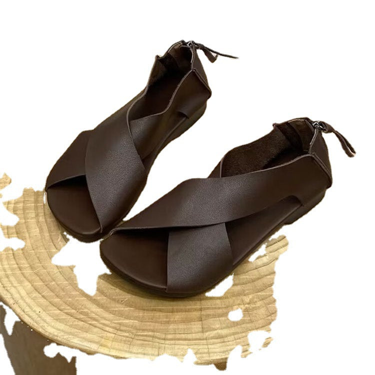 Handmade Artistic Retro Peep Toe Soft Flat Bottom Soft Leather Women's Sandals