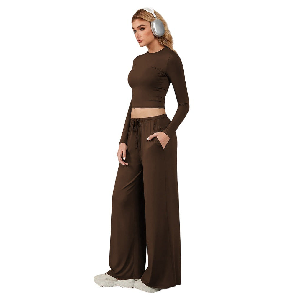 Womens Long-sleeve Cropped Midriff-baring Top And Wide-leg Casual Pants Set