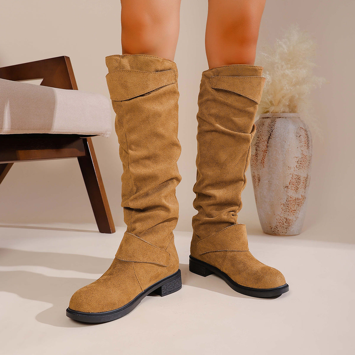 Pleated Flat-bottom Western Cowboy Boots For Women With Belt Buckle